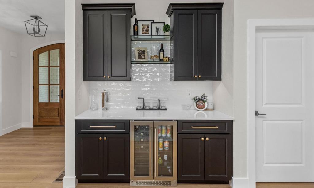 dark wood cabinets with white counters